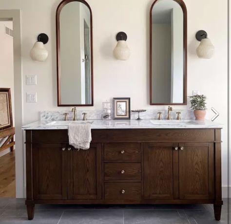 Double Vanity Traditional, Stained Master Vanity, Bath Vanity Ideas, Master Bath Vanity Ideas, Master Restroom, Master Bath Vanity Ideas Double Sinks, Bathrooms 2023, Pottery Barn Classic Double Sink Vanity, Double Sink Bathroom Vanity Master Baths Dark Cabinets