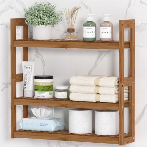 PRICES MAY VARY. PREMIUM BAMBOO: This white bathroom shelf is made of 100% MOSO bamboo with white finish, more durable and sturdy 3 TIER ADJUSTABLE DESIGN: The bathroom shelves have 5 vertical positions of holes can be adjusted to different heights to suit your storage needs NO MORE MESSY COUNTERTOP: The wall mount storage shelf can keep your room organized wihout taking up too much space. Say bye to your messy counter top MULTI-FUNCTIONAL USE: With simple design and classic color, the storage w Powder Room Wood Shelves, Small Bathroom Storage Next To Toilet, Spice Rack Bathroom Storage, Vertical Bathroom Storage, Bathroom Shelving And Storage, Mid Century Modern Bathroom Apartment, Adding Storage To Small Bathroom, Bathroom Storage Shelves Over Toilet, Over The Toilet Bathroom Storage Ideas