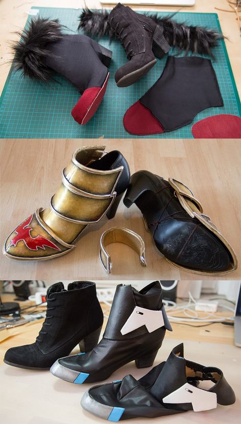 cosplay diy tutorial Did you know that I have only two pair of cosplay shoes? One of them is my "pretty" pair with higher heels and a more feminine shape. The other pair are hiking shoes...Sometimes I attach some armor pieces, sometimes I'll use a boot cover. That way I'm able to use the same pair of shoes for different costumes and safe a lot of space in my suitcase! Kamui Cosplay, Armor Pieces, Costume Tutorial, Diy Kostüm, Cosplay Armor, Cosplay Tutorial, Cosplay Diy, Cosplay Tips, Cosplay Shoes