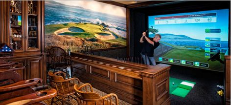 Man Cave Ideas Cheap, Golf Man Cave, Classy Man Cave, Simulator Room, Best Man Caves, Boat Bar, Golf Simulator Room, Golf Room, Man Garage