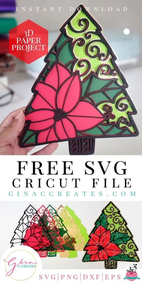 Christmas Cricut Paper Craft Project. Layer Poinsettia Christmas Tree SVG Cut File for framed shadow boxes. Create festive Christmas decorations. Ornaments Template, Free 3d Svg, Paper Cut Art Templates, 3d Christmas Ornaments, Poinsettia Christmas Tree, Paper Poinsettia, Free Christmas Crafts, Freebie Svg, 3d Paper Projects