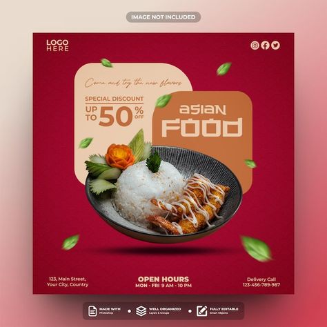 PSD asian food social media post templat... | Premium Psd #Freepik #psd Creative Social Media Post Design Discount Ideas, Food Posts Instagram, Food Design Graphic, Food Creatives Social Media, Food Creative Post, Food Poster Design Ideas, Food Poster Design Graphics, Food Ads Design, Food Design Poster