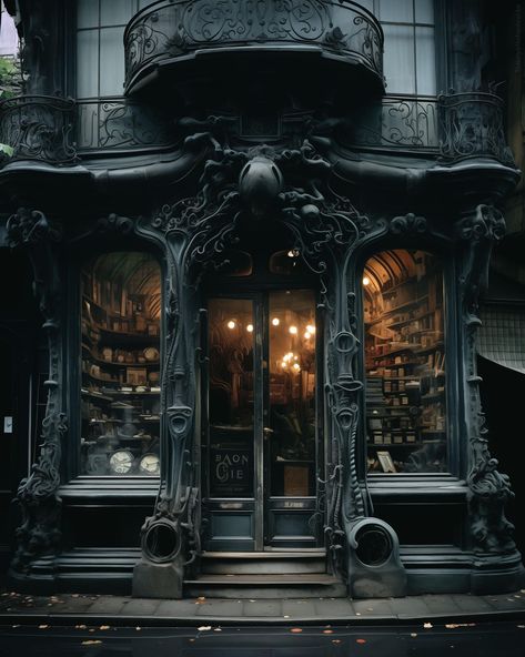 Gothic Bookstore Aesthetic, Gothic Bakery Interior, Gentlemans Club Aesthetic, Gothic Cafe, Gothic Bakery, Dark Coffee Shop, Victorian Cafe, Vampire Cafe, Gothic Store