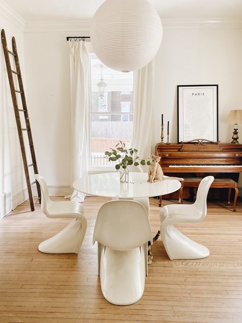 Hay Paper Lantern, White Tulip Table Dining Room, Panton Chair Dining Room, Ikea Tulip Table, Modern Parlor, White Tulip Table, Pastel Chair, Parisian Modern, Wimborne White