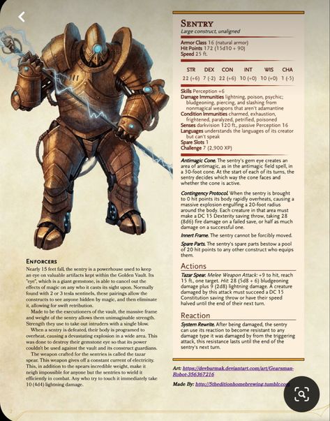 5e Constructs, Clockwork Monster, Warforged Dnd, Dnd Enemies, Dnd Monster, Monster Manual, Dnd Stats, Dnd Homebrew, Dnd Stories