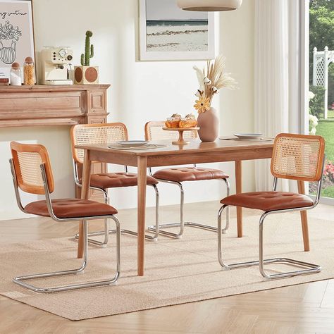 Retro Dining Room Decor, Retro Dining Rooms, Orange Dining Chairs, Midcentury Modern Dining Chairs, Black Dining Room, Rattan Dining Chairs, Mid Century Modern Dining, Kitchen Dining Chairs, Contemporary Chairs