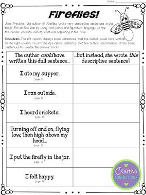 Using Fireflies to teach the importance of word choice in writing: A mentor text activity that focuses on revising sentences! Multiple FREE printables included! - Crafting… Descriptive Sentences, Small Moment Writing, Descriptive Writing Activities, Writing Traits, Literacy Coach, Lucy Calkins, Mentor Sentences, 3rd Grade Writing, Teaching Language