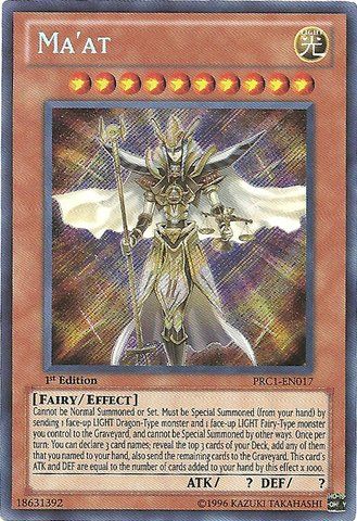 PRICES MAY VARY. A single individual card from the Yu-Gi-Oh! trading and collectible card game (TCG/CCG). This is of Secret Rare rarity. From the 2012 Premium Tin set. You will receive the 1st Edition version of this card. Yu-Gi-Oh! is a strategic trading card game in which two players Duel each other using a variety of Monster, Spell, and Trap Cards to defeat their opponent's monsters and be the first to drop the other's Life Points to 0.  Card Name: Ma'at  Card Type: Effect Monster  Card Numbe Yu Gi Oh Cards, Types Of Fairies, Writing Fantasy, Tech Deck, Card Name, Monster Cards, Collectible Trading Cards, Yugioh Cards, Trading Card Game