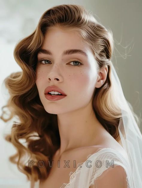 36 Wedding Hairstyles for Long Hair 2024: Elegant and Curly Updos Braids for Brides and Bridesmaids Long Hair Retro Hairstyles, Wedding Hairstyles Vintage Romantic, Bridal Hairstyles Hollywood Waves, Long Hair Vintage Styles, Vintage Wedding Hairstyles For Long Hair Waves Old Hollywood, 1940s Wedding Hairstyles, Wedding Hair Old Hollywood, Vintage Waves Wedding Hair, Old Hollywood Hair Wedding