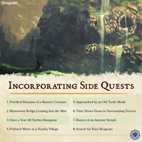 D&d Side Quests, Side Quests Ideas, Dnd Side Quests, Dnd Side Quest Ideas, Dnd Quests, Side Quest Ideas, Dnd Tables, Dm Notes, Game Hook