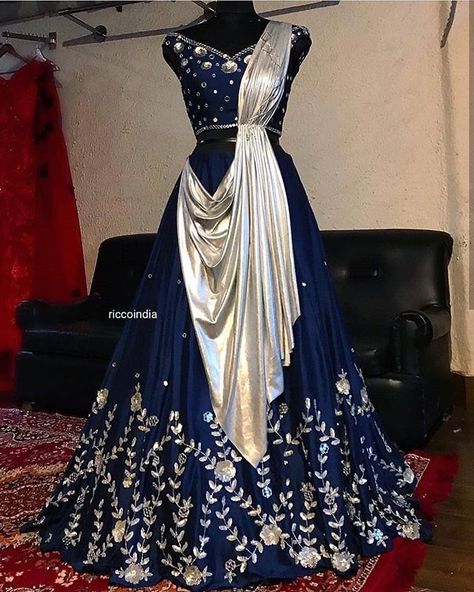 Blue And Silver Lehenga, Draped Lehenga, Sky Midnight, Desi Clothing, Silver Outfits, Indian Bridal Sarees, Bride And Groom Outfit, Hand Embroidery Dress, Shiny Dresses