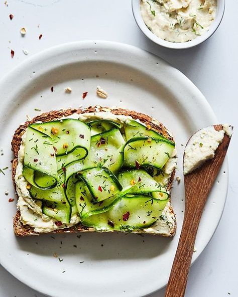 Easy Healthy Dips, Cucumber Toast, Dill Hummus, Cucumber Ribbons, Healthiest Nut Butter, Healthy Dip Recipes, Toast Toppers, Hummus Recipes, Marinated Cucumbers