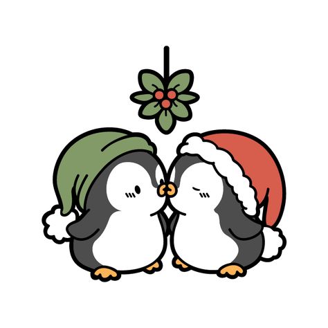 Cute Christmas Couple Drawings, Mistletoe Kiss Drawing, Cute Christmas Penguin Drawing, Christmas Couple Art, Cute Penguin Art, Mistletoe Drawing, Kiss Under The Mistletoe, Romantic Decorations, Penguin Cards