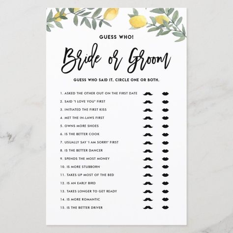 Boho Lemon He Said She Said Bridal Shower Game  Zazzle He Said She Said Bridal Shower Game, Coffee Bridal Shower, He Said She Said, Bridal Shower Game, Bridal Shower Games, She Said, Bridal Shower, Wedding Ideas, Lemon