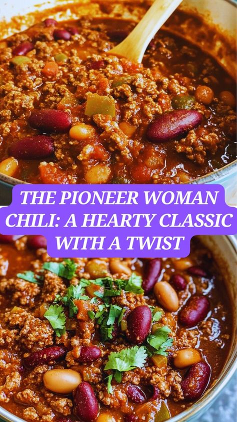 Ready for the ultimate comfort food? Try The Pioneer Woman’s famous chili recipe! 🌶️ Packed with ground beef, aromatic spices, and kidney beans, this chili is simmered to perfection, creating a heartwarming dish that’s perfect for any chilly evening. It’s easy to make, incredibly delicious, and sure to become a staple in your home. Top it off with cheese, sour cream, and a sprinkle of cilantro for the perfect finish! Chili Recipe Pioneer Woman, Pioneer Woman Chili, Recipes With Kidney Beans, Homemade Chili Recipe, Beef Kidney, Ground Beef Chili, Beef Chili Recipe, Hearty Chili, Pioneer Woman Recipes