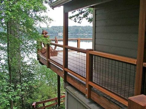 Balustrade Ideas, Wire Deck Railing, Cottage Bathrooms, Deck Rails, Wood Deck Railing, Cabin Deck, Wood Decks, Deck Railing Ideas, Outdoor Stair Railing