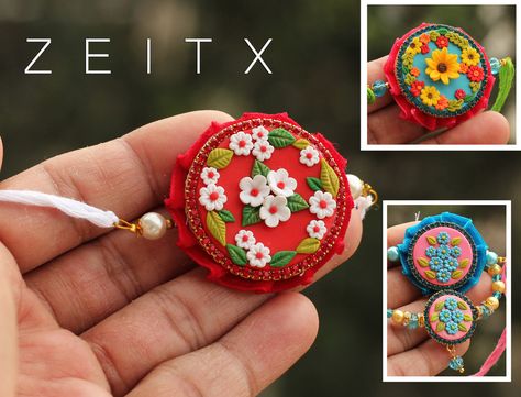 Clay Rakhi Ideas, Rakhi Platter Ideas, Polymer Clay Rakhi, Embroidery Rakhi, Clay Rakhi, Rakhi Diy, Clay Embroidery, Rakhi Special, Handmade Rakhi Designs