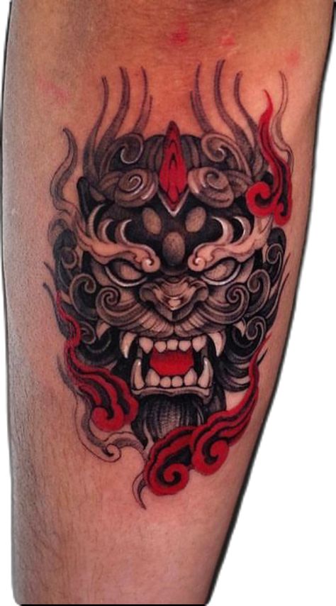 Foo dog tattoo by Hoch_tattoo at No Regrets Tattoo studio London. 📩 london@nrstudios.co.uk 📍 48-50 Well St, Hackney, London, E9 7PX 📲 020 7175 5898 🔗 www.nrstudios.co.uk #nrstudios #foodog #foodogart #foodogtattoo #japanesefudogtattoodesign #foodogtattoodesign #japanesetattoo #japanesetattooart #tattoosjapanesestyle Pho Dog Tattoo, Foodog Tattoo Japanese, Perro Fu Tattoo, Year Of The Dog Tattoo, Japanese Foo Dog Tattoo Design, Japanese Dog Tattoo, Fu Dog Tattoo Design, Fudog Tattoo Design, Foo Dog Art