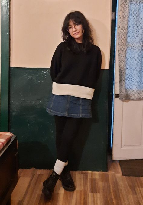 denim skirt, tights, white socks, black boots, h&m sweater. Denim Skirt With Black Tights, Denim Skirt And Tights Outfit, Denim Skirt Tights, Skirt And Tights Outfit, Skirt With Black Tights, Skirt And Tights, Skirt Tights, Black Jean Skirt, Upcycling Ideas