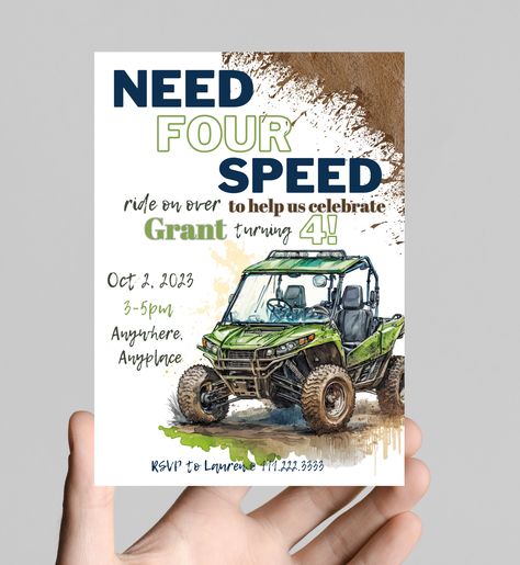 Need four (for) speed ATV side by side theme 4th birthday boy invitation, rev your engine shift into gear, dirt, mud, printable, digital 4th Birthday Party For Boys, 4th Birthday Boy, Dirty 30 Birthday Party, 4th Birthday Boys, 30th Birthday Party Invitations, 5th Birthday Party Ideas, Boy Birthday Party Themes, 30 Birthday, Dirty Thirty