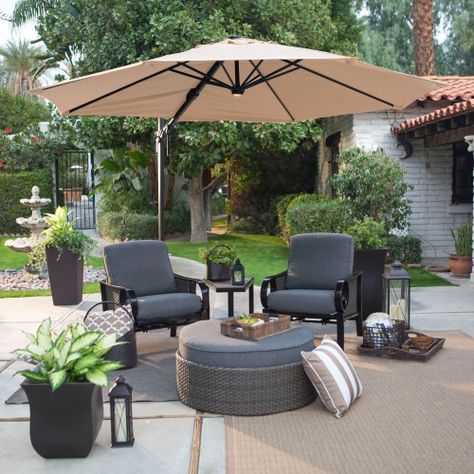 Coral Coast 11 ft. Aluminum Lighted Offset Umbrella & Base - 360 Rotation with Horizontal Tilt - Patio Umbrellas at Hayneedle Patio Umbrella Ideas, Iron Pergola, Patio Umbrella Lights, Best Patio Umbrella, Iron Patio Furniture, Pergola Pictures, Wrought Iron Patio Furniture, Pergola Swing, Offset Patio Umbrella