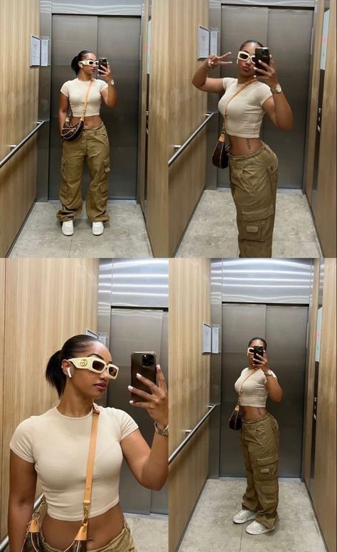 Cute Style Outfits Girly Tomboy, Beige Cargo Pants Outfit Black Women, Black Women Casual Fashion, Thick Girlfriend Outfits Spring, Outfit Con Pantalones Cargo, Mirror Selfie Cartoon, Woman Doodle, Selfie Cartoon, Drawing Mirror