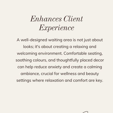 Sometimes interiors are not the first thing you think about as a business owner! I mean I get it, you are wearing so many hats as it is, so your business premisses can take a back seat. After all, you provide exceptional services and products so why does it matter what your boutique, salon, clinic or studio looks like? It matters, even more than what you actually sell!! In fact, studies suggest that your customers EXPECT gorgeous interiors, they will pay a PREMIUM for luxury surroundings... Gorgeous Interiors, Waiting Area, Client Experience, I Get It, Back Seat, Comfortable Seating, Business Owner, I Got This, A Business