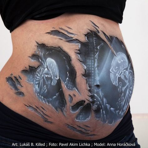 The Sickest (coolest) pregnant belly art ever!! Loved by http://makeupartistrycairns.com.au Baby Alien Belly Painting by KilledCZ Pregnant Tshirts, Bump Painting, Belly Paint, Pregnant Belly Painting, Professional Face Paint, Belly Pics, Belly Art, Pregnant Halloween Costumes, Dibujos Tattoo