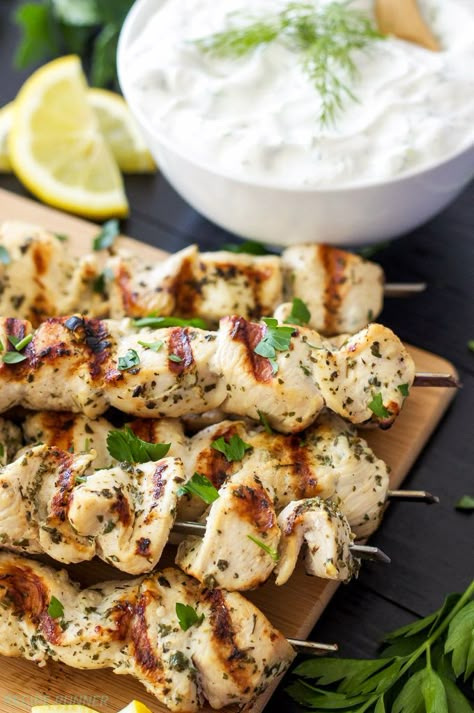 Greek Lemon Chicken Skewers with Tzatziki Sauce - Recipe Runner Lemon Chicken Skewers, Greek Chicken Skewers, Grilled Chicken Dinner, Tzatziki Sauce Recipe, Food Fusion, Ways To Cook Chicken, Protein Dinner, Greek Lemon Chicken, Easy Grilled Chicken