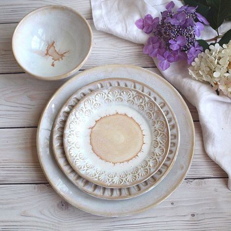 Custom dinnerware set of 4 place settings. It always feels good to finish a set . Dinnerware Sets Rustic, Rustic Tableware, Ceramic Cutlery, Handmade Dinnerware, Painted Ceramic Plates, Handmade Tableware, Rustic Plates, Rustic Pottery, Rustic Ceramics