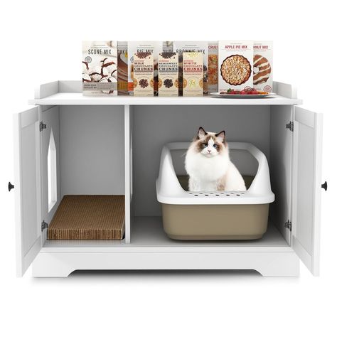 The large condo provides cats a safe and private space for potty or rest Can be used as the cat litter box enclosure, cat house, side table, and nightstand The large tabletop allows you to store various cat daily supplies or display ornaments Features A Private & Warm House for Your Lovely Cat! Our stylish modern cat furniture cabinet features a chic all-white appearance and clear lines, which can not only be a practical cat washroom to hide cat litter boxes, but also can be a perfect addition t Cat Litter Cabinet, Hiding Cat Litter Box, Hidden Litter Boxes, Display Ornaments, Liter Box, Wooden Cat House, Niche Chat, Cat Litter Box Enclosure, Side Entrance