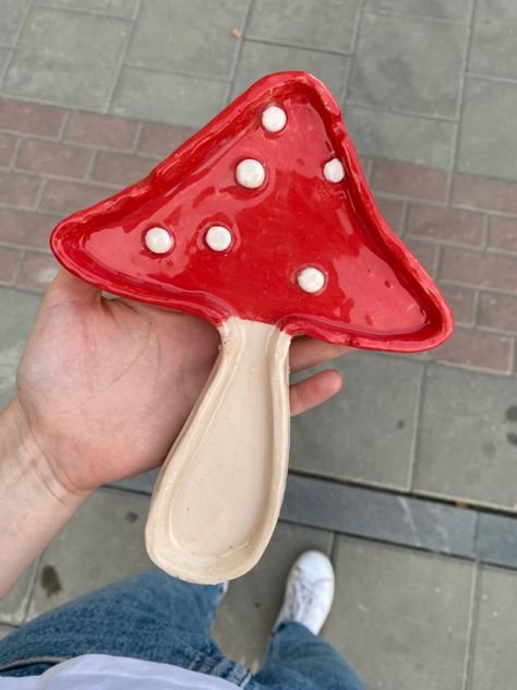 Red ceramic mushroom handmade, glossy Clay Ashtrays, Mushroom Handmade, Ceramic Mushrooms, Mushroom Cup, Ceramic Mushroom, Bright Furniture, Red Ceramic, Mushroom House, Pinch Pots