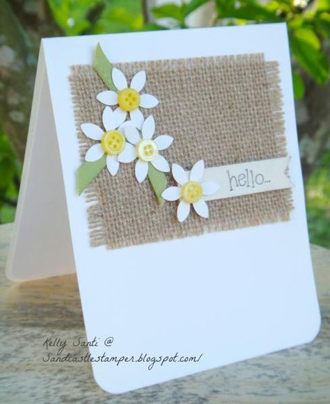 Burlap Card, Daisy Cards, 카드 디자인, Hello Cards, Spring Cards, Button Cards, Birthday Cards Diy, Handmade Birthday Cards, Floral Cards