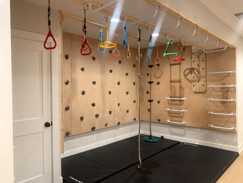 Our Ninja Warrior Basement Kids Indoor Gym, Basement Workout Room, Basement Kids, Kids Jungle Room, Indoor Jungle Gym, Indoor Playroom, Boys Playroom, Basement Gym, Basement Playroom