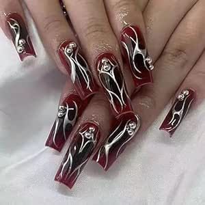 Red And Silver Nails, Acrylic Nail Set, Ombre Acrylic Nails, Goth Nails, Silver Nails, Rhinestone Designs, Nail Extensions, Artificial Nails, Square Nails