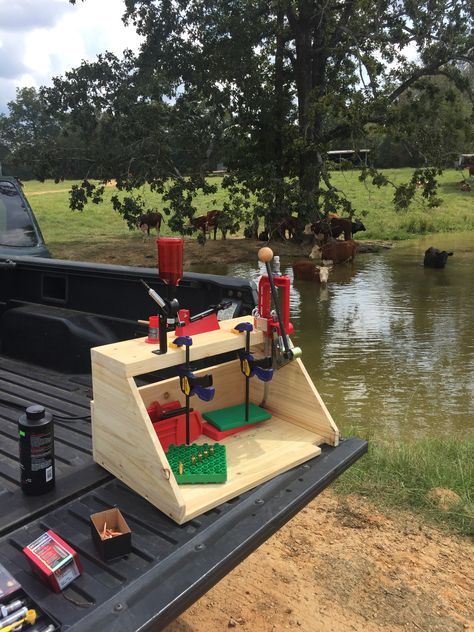 My portable reloading bench Small Reloading Bench Ideas, Reloading Bench Diy, Gunsmithing Bench, Reloading Table, Reloading Bench Plans, Reloading Data, Shooting Bench Plans, Reloading Room, Reloading Press