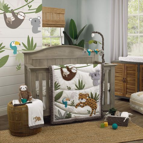 NoJo Jungle Gym 4 Piece Nursery Crib Bedding Set - Grey, Brown and Green Comforter, 100% Cotton Fitted Crib Sheet, Crib Skirt, and Storage Sloth Jungle Nursery, Safari Crib Bedding Set, Jungle Nursery Ideas, Green Comforter, Bedding Sets Grey, Toucan Bird, Jungle Nursery, Botanical Leaves, Crib Skirt