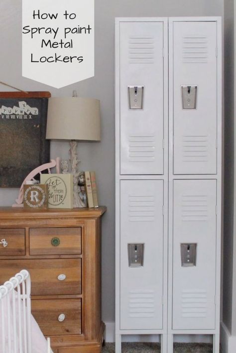 How To Spray Paint Metal Lockers – Rustic and industrial storage style for your teen mudroom or laundry room. #lockers #spraypaint #industrialdecor #storage #diyhomedecor Painting Lockers, Painted Lockers, Spray Paint Metal, Locker Ideas, How To Spray Paint, Paint Metal, Diy Projects To Sell, Metallic Spray Paint, Entry Ways