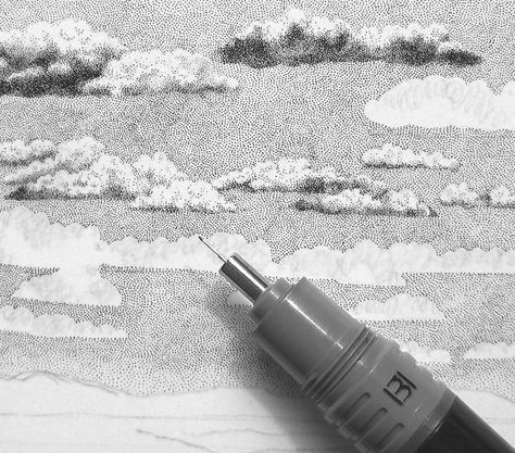 Stippling Art Nature, Crosshatching Drawing, Stippling Nature Art, Stippling Building, Pointillism Mountains, Micron Pen Clouds, How To Draw Clouds, Stipple Drawing, Pointalism Art