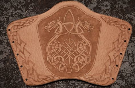 Viking Dragon Bracer - WIP by TheNetrunner Viking Bracers, Leather Braces, Celtic Viking, Viking Dragon, Steampunk Leather, Leather Working Patterns, Leather Bracers, Leather Tooling Patterns, Leather Armor