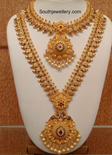 Mango Necklace and Long Haram Set by Naj jewellery, Nellore South Jewellery, Necklace Set Indian Bridal Jewelry, Mango Necklace, Wedding Jewelry Sets Bridal Jewellery, Gold Necklace Indian, Jewelry Set Design, Gold Bridal Jewellery Sets, Gold Necklace Indian Bridal Jewelry, Bracelets Design