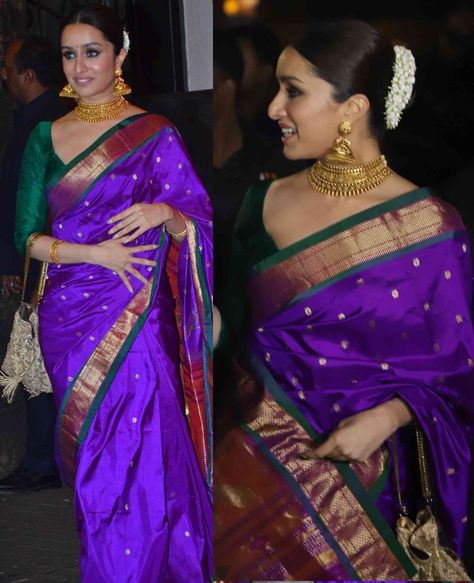 Sahoo actress Shraddha Kapoor in Traditional saree! | Fashionworldhub Saree Look Traditional Wedding, Engagement Couple Dress, Paithani Silk Saree, Sarees For Girls, Indian Fashion Trends, Celebrity Casual Outfits, Purple Saree, Traditional Indian Dress, Desi Fashion Casual