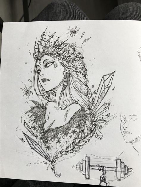 Snow Queen Tattoo, Lady Tattoo Ideas, Winter Girl Drawing, Elf Tattoo Design, Winter Drawings Pencil, Lady Tattoo Design, Chestnut Tattoo, Winter Tattoo Ideas, Elf Tattoo