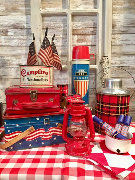 Ready for 4th of July picnic with my vintage picnic tin basket and lunchbox, thermoses, lantern and marshmallows for toasting and flags for waving!!! 4th Of July Picnic, Tin Basket, Vintage 4th Of July, Vintage Thermos, Vintage Picnic, Fourth Of July Decor, Diy Lanterns, Patriotic Crafts, 4th Of July Celebration