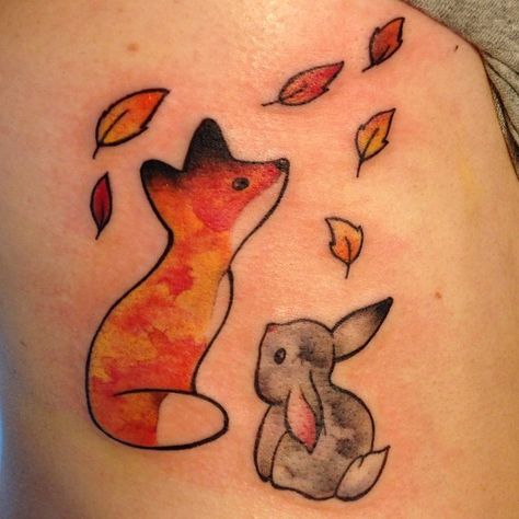 Fox And Cat Tattoo, Fox And Bunny Tattoo, Fox And Rabbit Tattoo, Kitty Tattoo, Rabbit Tattoo, Pumpkin Tattoo, Bunny Tattoos, Rabbit Tattoos, Fox And Rabbit