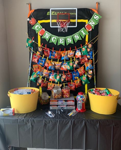 Sports Theme Sweets Table, Chip Stand Display, Concession Food Party, Sports Themed Candy Table, Football Party Concession Stand, Sports Themed Birthday Party Ideas Food Concession Stands, Sports Candy Table, Basketball Party Concession Stand, Chip Bags For Party Display