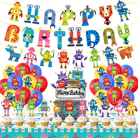 PRICES MAY VARY. 【ALL-IN-ONE robot birthday party decorations】You will receive: 1* robot banner with "HAPPY BIRTHDAY", 1* robot image garland, 1* robot table cover, 1* robot cake topper, 36* robot cupcake toppers and 12* robot latex balloons. Complete decoration set saves much your time and energy to match up all the decorative details for your party. 【No DIY Needed for gear robot party supplies】The robot birthday banner and robot garland are pre-strung and you can freely adjust the space of eac Robot Birthday Party Decorations, Robot Cupcakes, Birthday For Boys, Robot Cake, Robot Decorations, Robot Birthday Party, Robot Party, Boy Birthday Decorations, Third Birthday