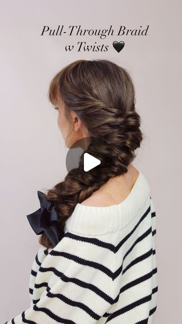 Jackie Wyers on Instagram: "How To: Faux French Braid w/ Twists🖤

Here’s how to create a faux french braid with layered twists using rubber bands, followed by a pull-through (or dragon braid) with added twists for volume!

I styled it with clip-in bangs, striped Off Shoulder Sweater from @shopweworewhat @revolve along with a bold red lip for a Parisian vibe 💋

This ponytail braid is perfect for fall and the holiday season coming up, and it would make a cute Thanksgiving hairstyle too! Save to try and tag me if you do! xo

#pullthroughbraid #dragonbraid #fauxbraid #fallhairstyle #howto #fauxfrenchbraid #hairtutorial #ponytailbraid #holidayhair #brunette" French Twist With Bangs, Pink To Blue Hair, Y2k Wavy Hair, Layered Twists, Twist With Bangs, Bob Hairstyles Back View, Thanksgiving Hairstyle, Faux French Braid, Jackie Wyers