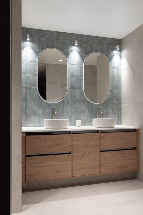 Double Bowl Sink Bathroom, Master Ensuite Bathroom Luxury, Malta Apartment, Timber Cabinetry, Ensuite Tiles, Bowl Sink Bathroom, Master Ensuite Bathroom, Laundry Cupboard, Small Ensuite