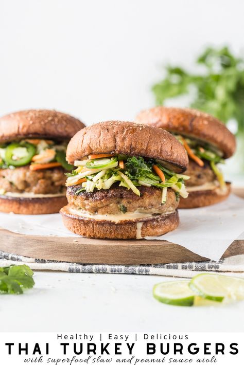 Thai turkey burgers with a bright superfood slaw and peanut sauce aioli. Plus, tips on how to make the perfect juicy turkey burger!  #turkeyburgers #thebestturkeyburger #healthymeal #dinner #easy #pantrystaples Superfood Slaw, Thai Turkey Burgers, Thai Burger, Homemade Turkey Burgers, Juicy Turkey, Asian Slaw, Turkey Burger Recipes, Asian Sauce, Turkey Burger